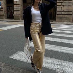 ZARA ZW METALLIC GOLD BOYFRIEND JEANS